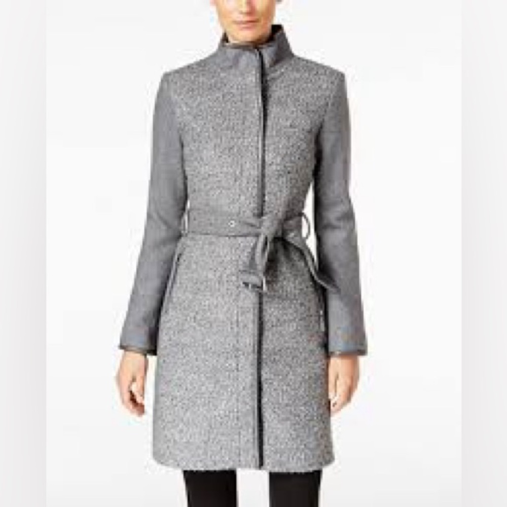 Vince Camuto gray wool-blend trench coat with faux-leather trim and belt NWOT